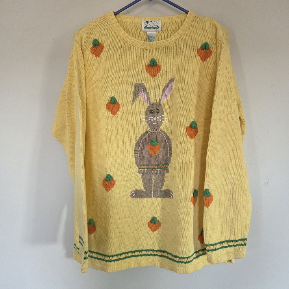 Vtg The Quacker Factory Womens Large Sweater Easter Bunny Carrots Knit Yellow